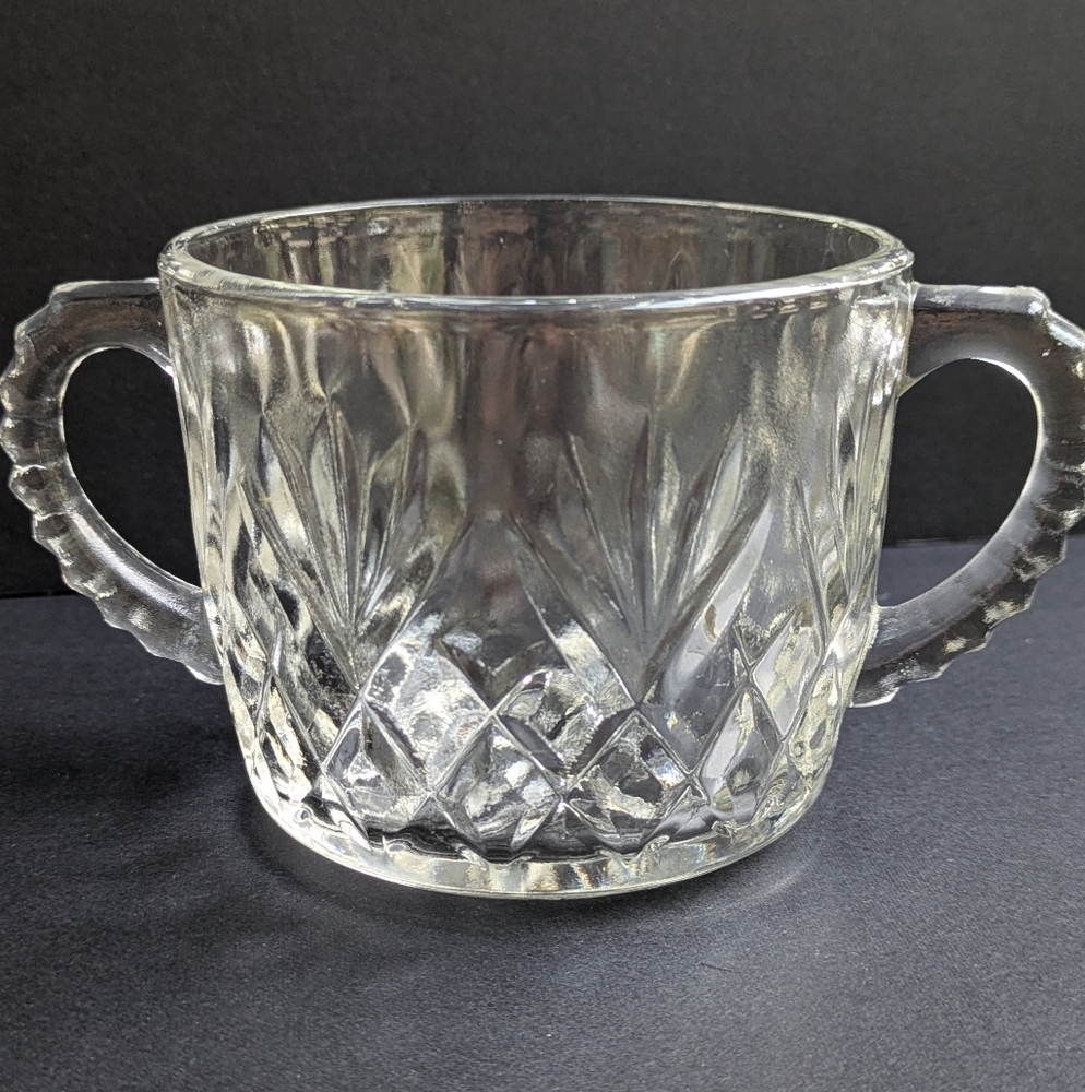Vintage Sugar Bowl Pineapple Pattern Clear Pressed Glass Handles Mid-century